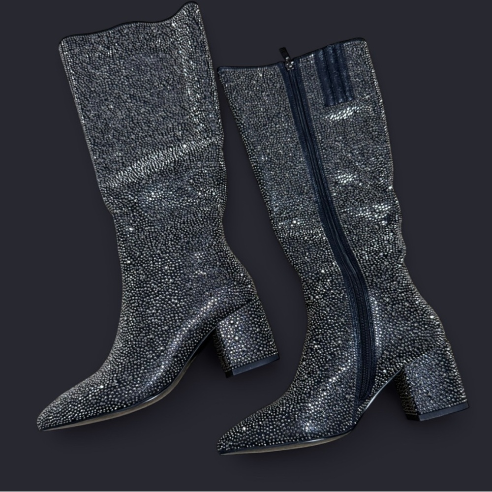 New- Kiss Sparkling Rhinestone, Silver& Black Heeled Boots Some stones Missing